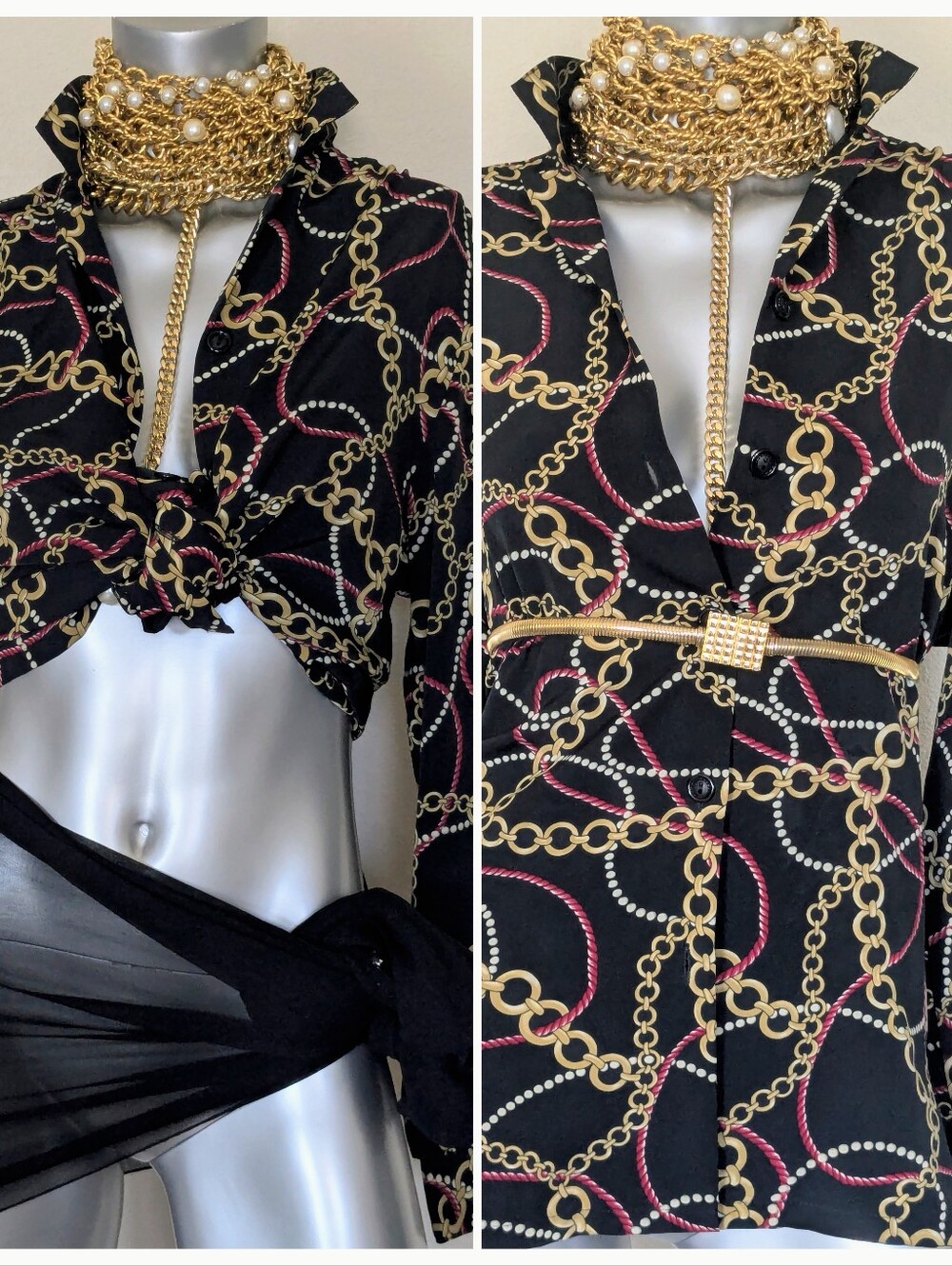 Vintage BonWorth 90S Black Button-Front Chain Print Blouse
